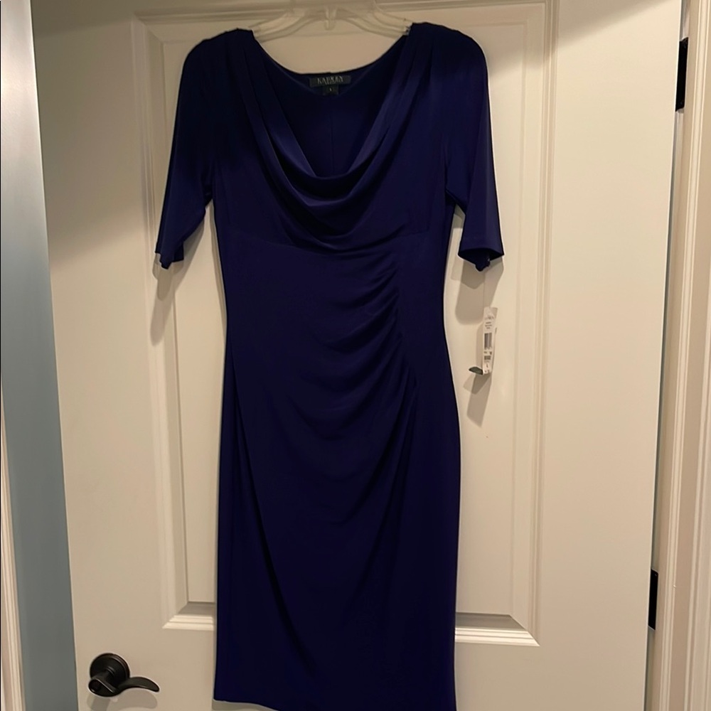 Ralph Lauren Blue Sheath Midi Dress with Cowl Neck